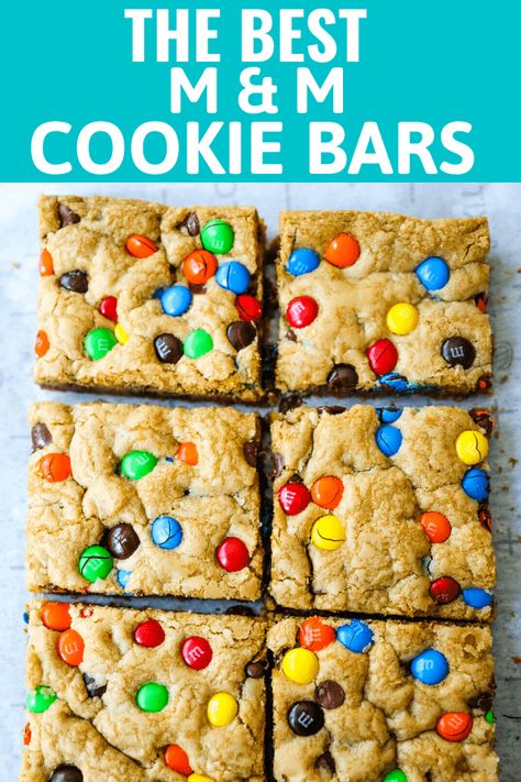 M & M Cookie Bars M M Cookie Bars, Blondies Cookies, Bakery Chocolate Chip Cookies, Chocolate Cookie Bars, Modern Honey, Blondie Bar, Bake Sale Recipes, Levain Bakery, M M Cookies