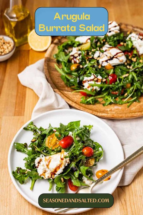 Looking for a simple and delicious summer salad? Try this Arugula Burrata Salad with its creamy burrata cheese and peppery arugula. Perfect for hot days! Arugula Salad With Burrata, Arugula Buratta Salad, Arugula Burrata Salad Recipes, Arugula Burrata Salad, Salad With Burrata Cheese, Burrata Arugula Salad, Buratta Salad Ideas, Antipasto Ideas, Burrata Salad Recipe