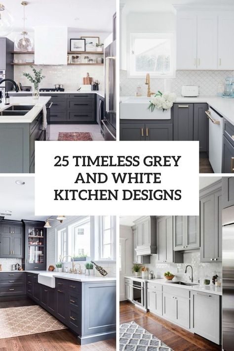 25 Timeless Grey And White Kitchen Designs White Uppers Gray Lower Cabinets, Charcoal And White Kitchen Cabinets, Kitchen Ideas Light Grey Cabinets, White And Charcoal Kitchen, Gray And Black Kitchen Ideas, Gray And White Kitchens, Grey Kitchen Island White Cabinets, White Cabinet Grey Countertop, Grey Cabinets With White Countertops