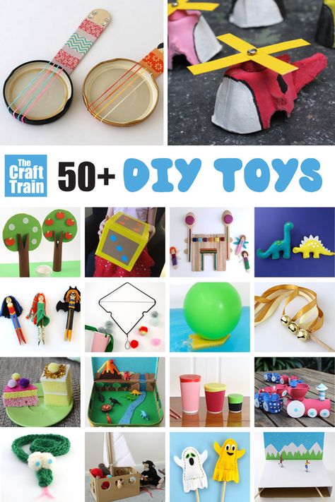 50 fun DIY toys for kids including games you can make, toys for pretend play, imaginary play, STEM crafts and more #imaginaryplay #handmadetoys #pretendplay #diytoys #craftsforkids #play #kidsactivities #creativekids #toys #spongecrafts Diy Recycled Toys, Diy Toys For Kids, Recycled Toys, Play Kitchens, Kids Play Kitchen, Simple Toys, Diy Kids Toys, Homemade Toys, How To Make Toys