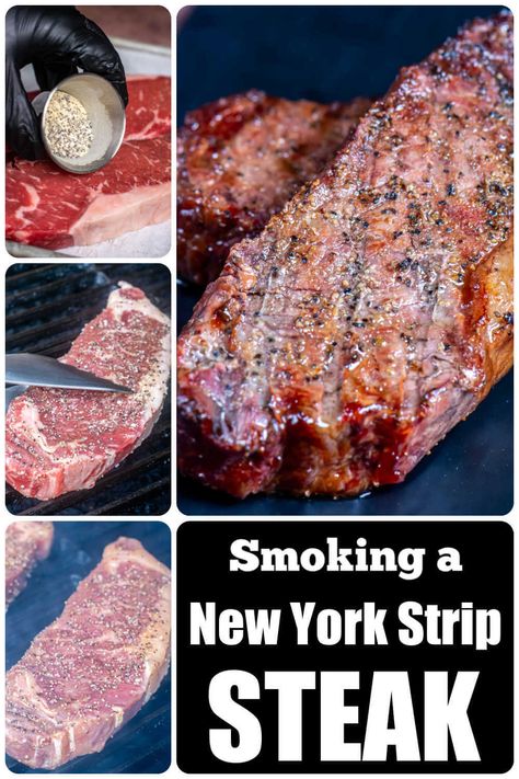 Smoked New York Strip Steak is easy to make for dinner! Use a simple SPG (Salt, Pepper and Garlic) Seasoning and the flavor of the wood smoke will shine through! via @kitchen laughter Steak Smoker Recipes, Smoked New York Strip Steak, New York Strip Recipes, New York Strip Marinade, Smoked Steaks, New York Steak Recipe, Ny Strip Steak Recipes, Smoked Steak, New York Strip Roast