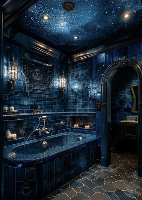 Night Sky Bathroom Ideas, Black Bathroom Ceiling Ideas, Starry Bathroom Ideas, Celestial Bathroom Ideas, Colored Ceiling Bathroom, Night Sky Bathroom, Deep Sea Bathroom, Water Shrine, Galaxy Bathroom