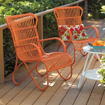 grandin road orange mid-century rattan outdoor chair furniture modern Rattan Outdoor Chairs, Painted Garden Furniture, Orange Chairs, Henning Larsen, Modern Patio Furniture, Garden Wallpaper, Renzo Piano, Modern Outdoor Furniture, Outdoor Furniture Collections