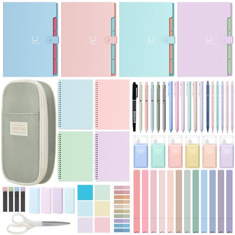 PRICES MAY VARY. Large Capacity and Compact Design: this stationery pack features a cute pencil case about 9.45 x 4.33 x 1.38 inches/ 24 x 11 x 3.5 cm in size; The case is easy to carry and store, suitable for those always on the move; It makes it an ideal choice to store the pens, highlighters, mechanical pencils, and accessories included in the package Quality Construction and Durability: the set includes 4 different colored portable file folder organizers about 12.8 x 9.25 x 0.75 inches in si Best Back To School Supplies, High School Supplies List Junior, Cute School Stuff, Scissors For School, Cute Back To School Supplies, School Supplies Pencil Case, Cute Highlighters, Pencils For School, School Core