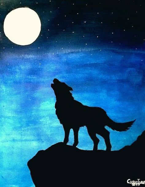 Wolf Easy Painting, Easy Wolf Painting, Wolf Painting Easy, Wolf Painting Acrylic Easy, Moonlight Painting Easy, Wolf Canvas Painting, Moonlight Painting, Wolf Canvas, Wolf Artwork