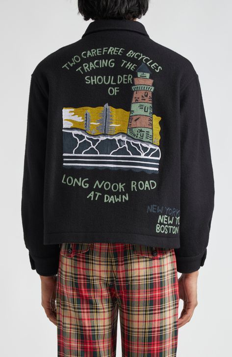 Bode reimagines a 1960s souvenir jacket with chainstitched 'New York' and 'Boston' embroidery on the front and lighthouse embroidery at the back. The slogan on the back of this boxy wool style reads: 'Two bicycles, tracing the shoulder of Long Nook Road at dawn.' 24" length (size Large) Two-way front-zip closure Spread collar One-button cuffs Front welt pockets Lined 100% wool Dry clean Imported Designer Clothing Boston Embroidery, Bode Jacket, Lighthouse Embroidery, Souvenir Jacket, Embroidered Art, Embroidered Jacket, Wool Jacket, Welt Pockets, Welt Pocket