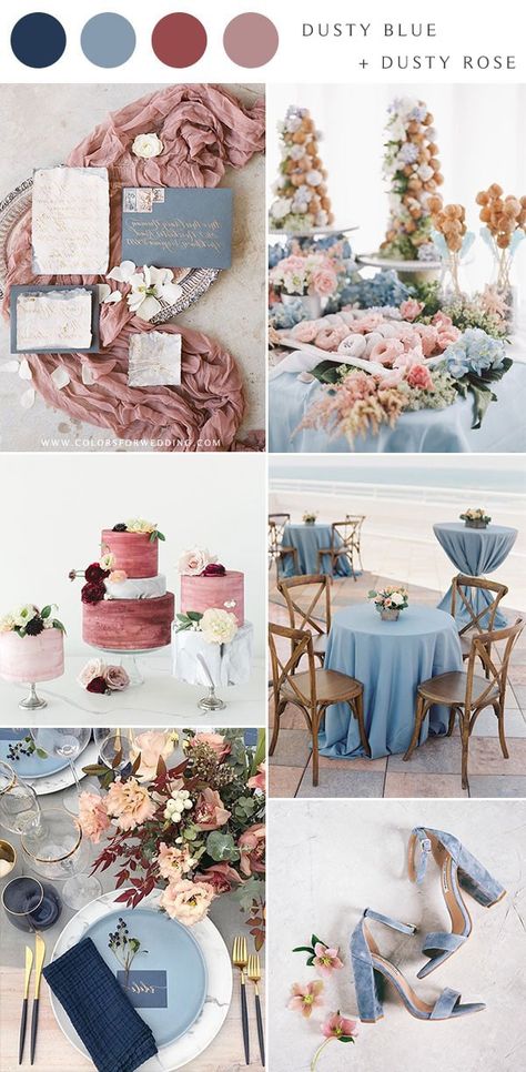 Dusty Rose Wedding Colors, Wedding Color Schemes Blue, Rose Wedding Theme, Wedding Theme Color Schemes, Dusty Pink Weddings, Dusty Blue Color, Wedding Color Combinations, Pink Wedding Colors, Wedding Color Pallet