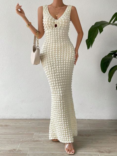 Apricot Elegant Collar Sleeveless Fabric Plain Bodycon Embellished High Stretch  Women Clothing Crochet Gown, Crochet Dress Outfits, Shell Crochet, Bodycon Gown, Crochet Dresses, Summer Attire, Dress Up Outfits, Girly Shoes, Women Long Dresses