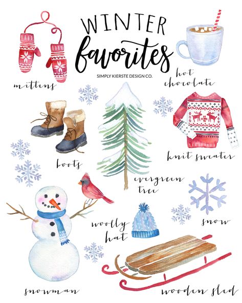 Winter Favorites Printable | This vintage style printable of cozy winter favorites is perfect for your Christmas and winter decor! Free printable included! Vintage Style | simplykierste.com #vintageChristmas #Christmasprintable #winterfavorites #Christmasdecor Winter Favorites, Watercolor Winter, Winter Illustration, Illustration Noel, Winter Watercolor, Homescreen Wallpaper, Christmas Illustration, Winter Fun, Winter Crafts