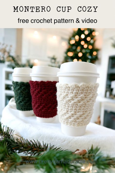 The Montero free crochet cup cozy pattern is perfect for anyone – from beginners to advanced crocheters. This beautiful texture is a twist on the crunch stitch – a simple combination of half double crochet and slip stitch.This coffee sleeve is the perfect gift for the holiday season, or a unique craft fair item be sure to print off some coffee sleeve templates to offer with your cozies.rn Free Crochet Cup Cozy, Koozie Pattern, Coffee Sleeve Pattern, Coffee Cozy Pattern, Cup Cozy Crochet Pattern, Crochet Craft Fair, Cup Cozy Pattern, Crochet Mug Cozy, Crochet Coffee Cozy