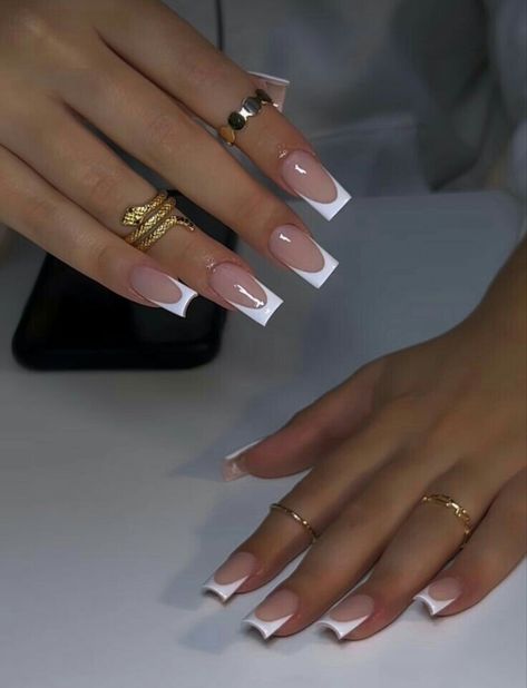 White And French Tip Nails, Nails White Design Square, Medium Square Nails French Tips, Deep French Nails Square, White Tips Square Nails, French Nails Plain, Square Medium French Tip Acrylic Nails, French Nails Square Design, White With Accent Nails