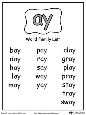 AY Word Family List: List of short common words ending with –AY to help your child identify the sound and patterns as they begin learning to read and write. Ay Sound Worksheets, Ay Words Worksheet, Ay Words, Am Word Family, An Family Words Reading, Ay Word Family, Word Family List, Ingles Kids, Word Family Worksheets