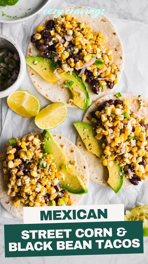 Tacos With Veggies, Meat Free Mexican Recipes, Vegan Corn Tacos, Easy Veggie Tacos, Southwestern Vegetarian Recipes, Healthy Veggie Tacos, Healthy Dinner Recipes With Corn, Vegetarian Taco Filling Ideas, Black Bean Tacos With Avocado Lime Sauce