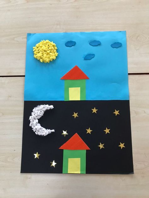 Goodnight Moon Crafts Preschool, Day And Night Crafts For Kids, Day And Night Activities Preschool, Day And Night Craft, Night And Day Art, Moon Crafts, Classroom Art Projects, Preschool Arts And Crafts, Hand Crafts For Kids