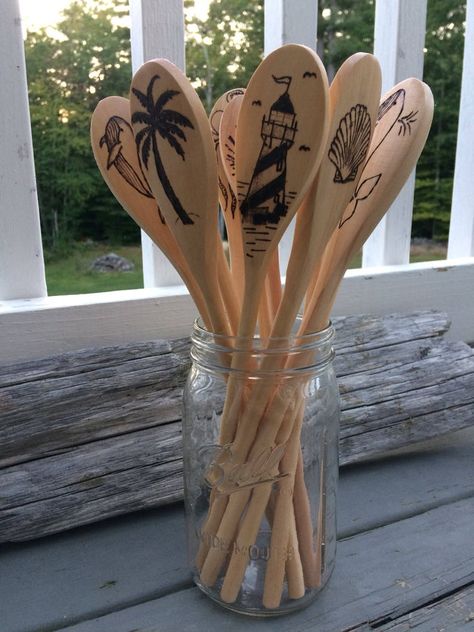 Nautical Wood Burned Spoons - Etsy UK Wood Burned Spoons, Wooden Spoon Crafts, Wood Burn Spoons, Wood Burning Patterns Stencil, Burnt Offerings, Cooking Gift, Spoon Crafts, Woodburning Projects, Wooden Kitchen Utensils