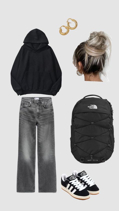 Fits With Black Sweatpants, All Black Sweatpants Outfit, Black Nike Hoodie Outfit, Cute Outfits With Black Sweatpants, Black Sweatpants Outfit For School, Black Sweatpants Outfit, Nike Hoodie Outfit, Black Nike Hoodie, Sweatpants Outfit