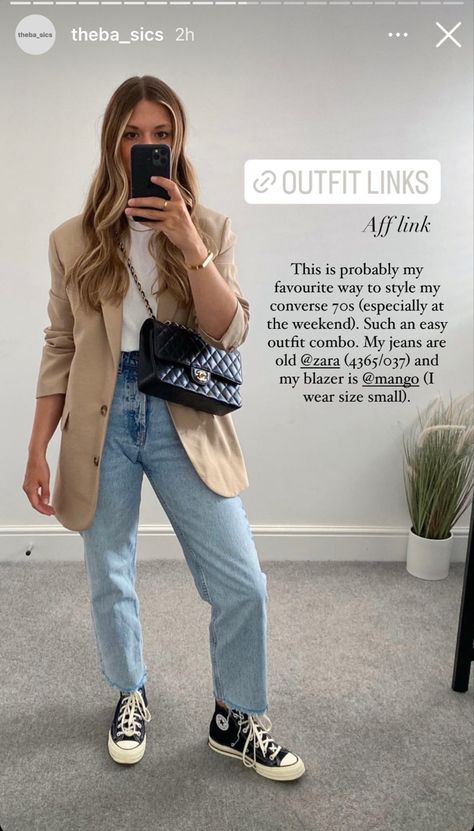 Outfits With Cream Blazer, Chic Converse Outfit, Comfy Business Casual Outfits Work, Casual Work Outfits With Tennis Shoes, Beige Sneakers Women Outfit, Converse Work Outfit, Black Converse Outfit Summer, Cream Blazer Outfits For Women, Tan Blazer Outfit