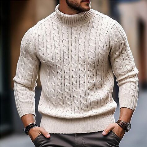 Men's Sweater Pullover Sweater Jumper Turtleneck Sweater Pullover Ribbed Cable Knit Knit K Men Knitted Sweater, Vacation Clothing, Pullover Vest, Mens Pullover Sweater, Sweaters Men, Mens Turtleneck, Beige Pullover, Mens Cardigan Sweater, Winter Fabric