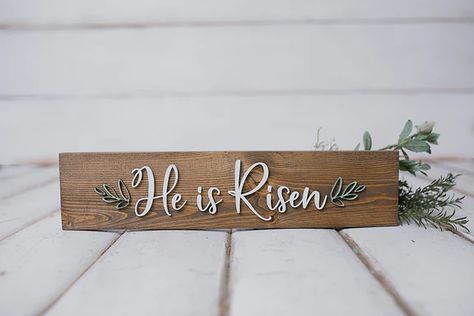 He Is Risen Sign, Easter Porch, Alter Decor, Glowforge Projects, Decorating Easter Baskets, Wood Business, Easter Flower Arrangements, Resurrection Day, Easter Flower