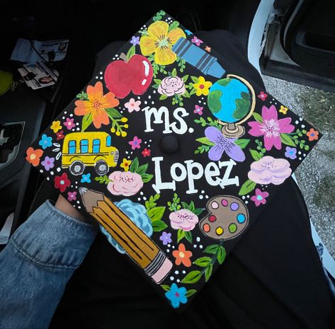 Grad Cap Ideas Teacher Education Major, Art Education Graduation Cap, Graduation Cap Designs Elementary, Early Childhood Education Grad Cap, Ece Graduation Cap Ideas, Graduation Cap Ideas Teacher, Education Cap Decoration, Elementary Ed Graduation Cap, Masters Of Education Graduation Cap