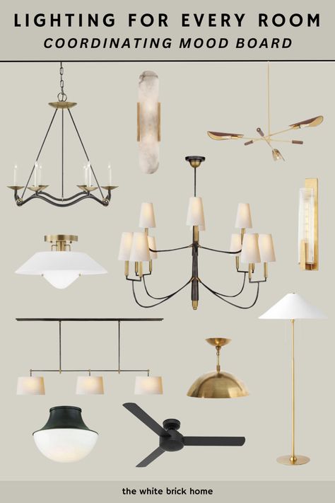 A mood board with black and gold lighting fixtures. Black and gold lighting fixtures for an entire home. Light fixture ideas for a new a new build. Light fixtures. Light fixtures dining room. Light fixtures over the kitchen table. Light fixture makeover. Light fixture kitchen. Light fixtures for low ceilings. Mixing Metals Light Fixtures, Mixed Metals Light Fixtures, Mixed Metal Light Fixtures, Coordinating Light Fixtures For Whole House, Light Fixture Pairings, Combination Kitchen Lighting, Pendant And Chandelier Combinations, Coordinating Light Fixtures Kitchen, Lighting Mood Board