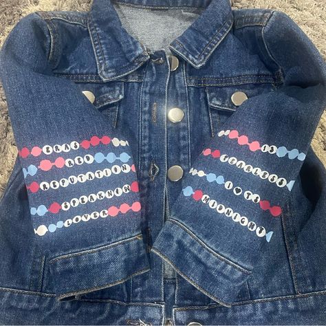 Custom-Made Denim Jacket For The Ultimate Taylor Swift Fan Fits Ages 2 To 3 Years Old No Return Available Friendship, Bracelets On Both Sleeves Printed On Vinyl - Hand Press Patches On Back Eras Your Denim Jacket, Swiftie Jean Jacket, Taylor Swift Jacket Ideas, Reputation Jean Jacket, Taylor Swift Embroidery Ideas Clothes, Eras Denim Jacket, Taylor Swift Inspired Embroidery, Eras Tour Jean Jacket Diy, Eras Jean Jacket