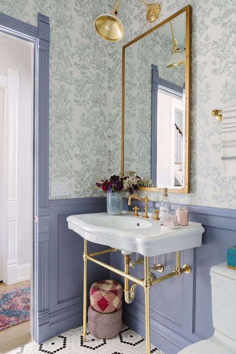 Love the lavender colored wainscoting accented by shiny gold fixtures. Colorful Bathroom, Downstairs Bathroom, Bathroom Wallpaper, Bathroom Designs, Bathroom Colors, Wainscoting, Beautiful Bathrooms, Guest Bathroom, Bathroom Makeover