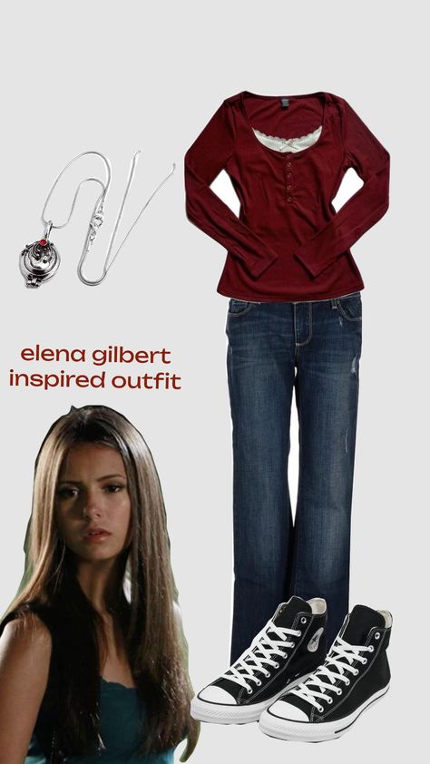 tvd fans rise up #fyp #outfit #tvd 2000s Fashion Elena Gilbert, Elena Outfits Tvd, 2005 Style Outfits, Vampire Diaries Outfits Aesthetic, Tvd Halloween Costumes Inspired Outfits, Elena Tvd Outfits, Elana Outfit, Movie Characters Outfits, Elena Gilbert Outfits Inspired