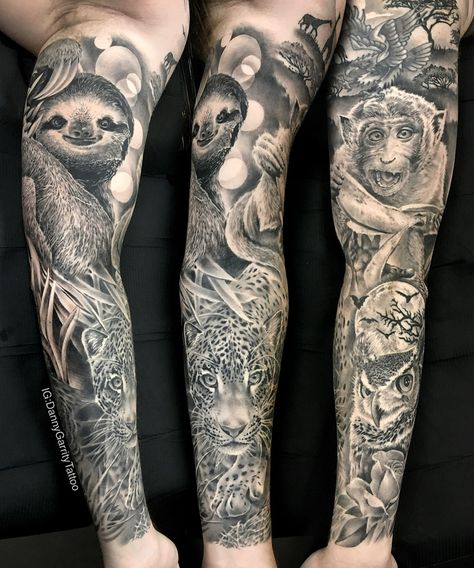 Animal safari tattoo in black and grey with a leopard, owl, monkey and sloth Zoo Tattoo, Sloth Tattoos, Safari Tattoo, African Sleeve Tattoo, Aztec Tattoos Sleeve, Sloth Tattoo, Animal Sleeve, Wildlife Tattoo, Africa Tattoos