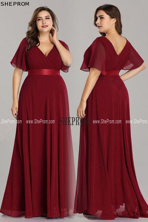 Plus Size Vneck Burgundy Chiffon Bridesmaid Dress With Ruffle Sleeves Burgundy Chiffon Bridesmaid Dresses, Bridesmaid Red, Trendy Dress Styles, Red A Line Dress, Mums Wedding, Formal Homecoming Dresses, Dress With Ruffle Sleeves, Red Carpet Outfits, Trendy Dress