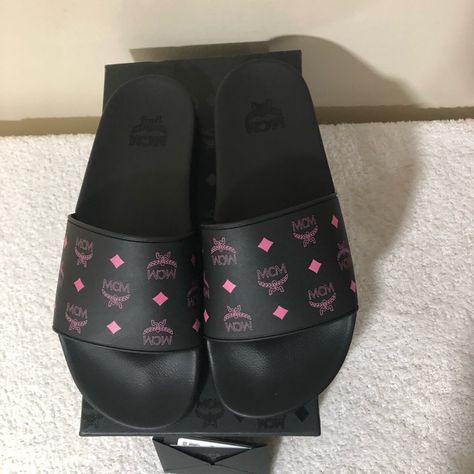 This Is Brand New Mcm Women Women's Logo Slide Sandals. These Are Brand New 100 Percent Authentic! Size: 8 Us/38 Eu., Size :9 Us/ 38 Eu, Size: 10 Us/ 40 Eu. They Come In The Box With Mcm Add Where You Can Write The Serial Number . Mcm Slides, Mcm Shoes, Slides Outfit, Cute Slides, Pretty Sneakers, Pink Slides, Pretty Sandals, Celtic Goddess, Women Slides