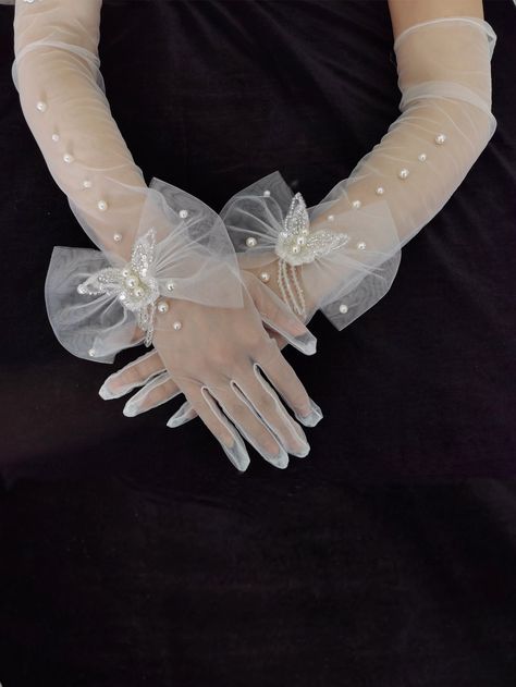 White    Mesh  Full Finger Gloves Embellished   Weddings & Events Sequin Butterfly, Event Fashion, Butterfly Decor, Bridal Gloves, Finger Gloves, Teenage Fashion, Butterfly Decorations, White Mesh, Teenage Fashion Outfits