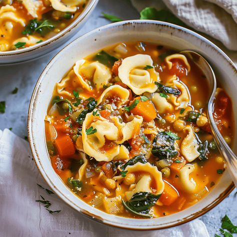 Veggie-Loaded Tortellini Soup Tortellini Veggie Soup, Crockpot Tortellini Soup Vegetarian, Healthy Tortellini Soup, Tortellini Soup Vegetarian, Tortellini Vegetable Soup, Vegetable Tortellini Soup, Spicy Vegetable Soup, Crock Pot Tortellini, Soup With Ground Beef