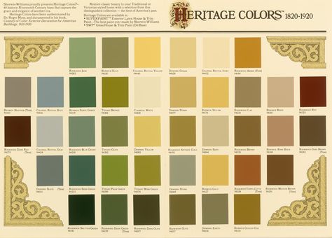 Sherwin Williams "Heritage Colors" 1820-1920. 40 historic 19th C. hues that capture the grace and elegance of another era. Color Palette For Home, Historic Paint Colours, Victorian House Colors, Nouveau Wedding, Victorian Colors, Pintura Exterior, Victorian Farmhouse, Exterior Paint Colors For House, Interior Painting