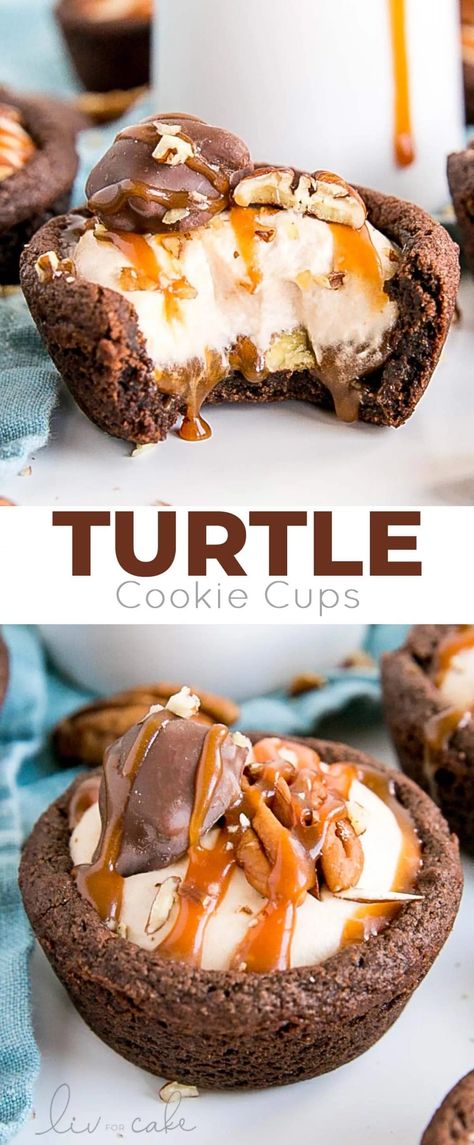 Turtle Cookie Cups collage Chocolate Cookie Cups, Caramel Whipped Cream, Caramel Pecans, Chocolate Turtle, Cookie Cups Recipe, Turtle Cookies, Thanksgiving Food Desserts, Dessert Chocolate, Cookie Cups