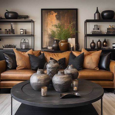 Leather Couches Living Room, Brown Living Room Decor, Leather Sofa Living Room, تصميم داخلي فاخر, Black Living Room, Corner Sofa Set, Room Ambiance, Sofa Sets, Brown Living Room