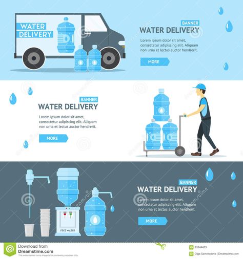 Water Delivery Service Banner Flat . Vector Stock Vector - Illustration of business, liquid: 83944473 Water Ads, Bottle Design Water, Save Water Poster, Water Delivery Service, Water Bottle Label Design, Juice Bar Design, Reverse Osmosis Water Filter, Water Bottle Storage, Mailer Design