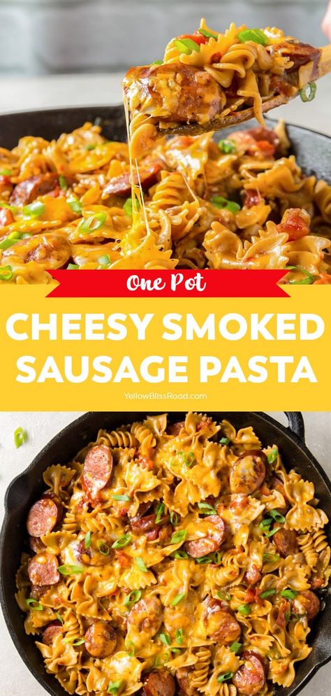 Kilbasa Pasta, Cheesy Smoked Sausage Pasta, Smoked Sausage Recipes Pasta, Sausage Meals, Kids Dinners, Sausage Pasta Skillet, Cheesy Sausage Pasta, Sausage Pasta Recipe, Smoked Sausage Pasta