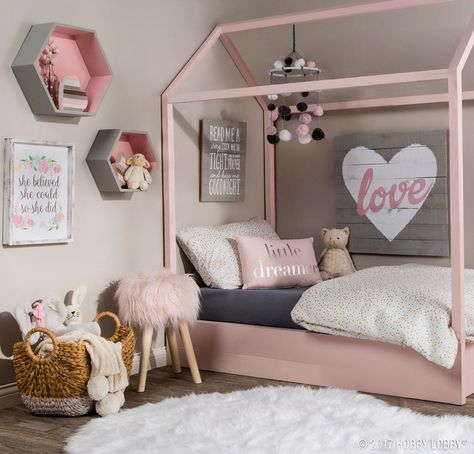 Pretty pink pastels are key to creating this dreamy space! Pink Girls Bedroom Decor, Dreamy Space, Grey Wall Decor, Stylish Bedroom Design, Girls Wall Decor, Pink Bedroom Decor, Hexagon Shelves, Wall Colour, Dekorasi Kamar Tidur