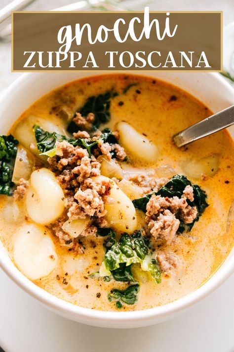 Gnocchi Zuppa Toscana is my take on the classic Olive Garden's Zuppa Toscana, and wow, is it amazing! Easy to make, packed to the brim with those lip-smacking Italian flavors, and comes together in just 30 minutes! Zupa Toscana Soup, Zupa Toscana, Creamy Gnocchi, Sausage Gnocchi, Gnocchi Recipes Soup, Olive Garden Zuppa Toscana, Zuppa Toscana Soup, Toscana Soup, Gnocchi Soup