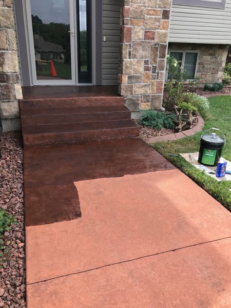 Change the Color of Stained Concrete | Direct Colors Stained Concrete Porch, Stained Concrete Driveway, Tinted Concrete, Diy Concrete Stain, Concrete Stain Colors, Concrete Stain Patio, Painted Concrete Steps, Paint Concrete Patio, Porch Paint