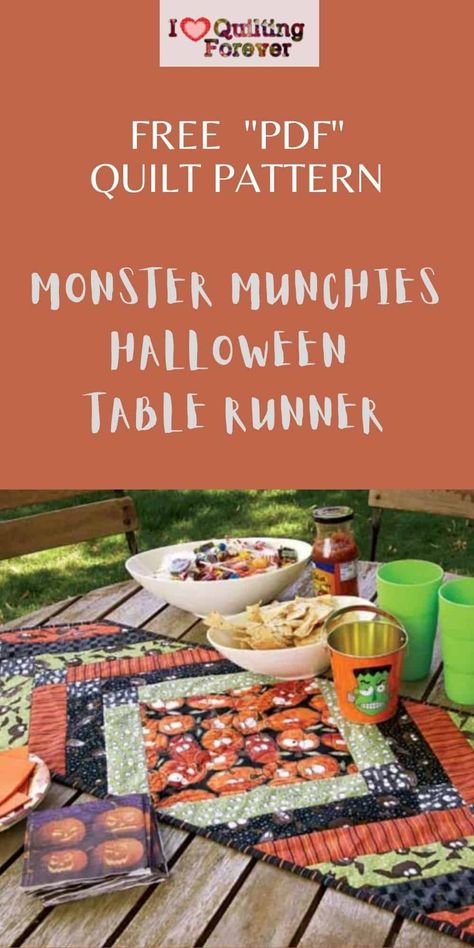 Free Quilt Pattern: Monster Munchies Halloween Table Runner Halloween Quilted Table Runners Patterns Free, Halloween Quilt Table Runner Pattern, Diy Quilted Table Runner, Table Runner And Placemats Pattern, Place Mats Quilted Patterns Free, Free Halloween Table Runner Patterns, Fall Table Runner Quilt Patterns, Sewing Table Runners Free Pattern, Fall Table Toppers Free Pattern