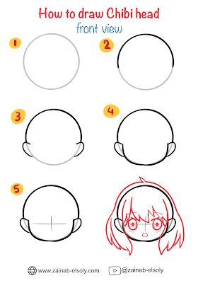 How To Draw Chibi Head - Front View How To Draw A Chibi Face, Chibi Tutorial Step By Step How To Draw, Anime Sketch Face Shape, How To Draw Chibi Face Step By Step, Chibi Face Tutorial Step By Step, Chibi Face Shape, How To Draw Heads Anime, Chibi Head Tutorials, Chibi Front View