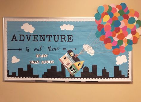 UP inspired bulletin board ♥️ Movie Bulletin Boards, Disney Bulletin Boards, Elementary School Bulletin Boards, Up Bulletin Board, Creative Bulletin Boards, College Bulletin Boards, Bulletin Boards Theme, Art Bulletin Boards, Library Bulletin Board