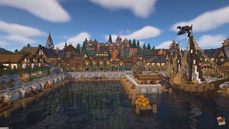 Minecraft Harbour Ideas, Minecraft Medieval Dock Ideas, Docks Minecraft Ideas, Minecraft Docks Ideas, Minecraft Docks Medieval, Minecraft Shipping Dock, Harbour Minecraft, Minecraft Shipyard, Minecraft Medieval Harbour