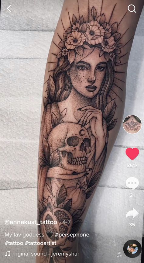 Fertility Goddess Tattoo, Perspherone Goddess Tattoo, Goddess Tattoo Design Greek Mythology, Persephone Tattoos, Greek Mythology Tattoos For Women, Persephone Tattoo Ideas, Hades And Persephone Tattoo, Nymph Tattoo, Tattoo Goddesses