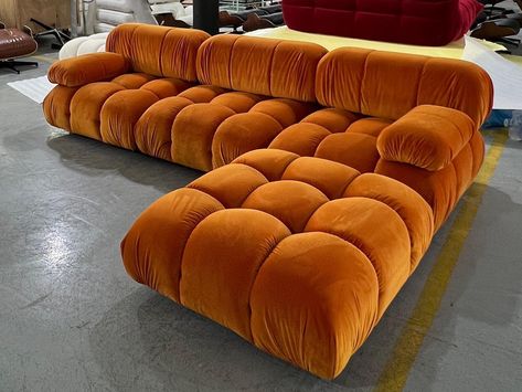 Bright orange premium velvet Bellivano2 sofa heading out to a client. Orange Velvet Sofa, Sofa Layout, Orange Bubbles, Small Ottoman, Large Ottoman, Orange Velvet, Office Crafts, Stylish Sofa, Craft Room Office