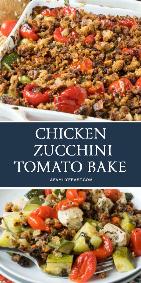 Our Chicken Zucchini Tomato Bake is loaded with flavor. Tender chunks of chicken and zucchini with tomatoes and peppers, plus a crispy crumb topping. Chicken Zucchini Tomato, Zucchini Tomato Bake, Crisp Zucchini, Chicken Food Recipes, Tomato Bake, Chicken And Zucchini, Chicken Zucchini Casserole, Zucchini Aubergine, Zucchini Casserole Recipes