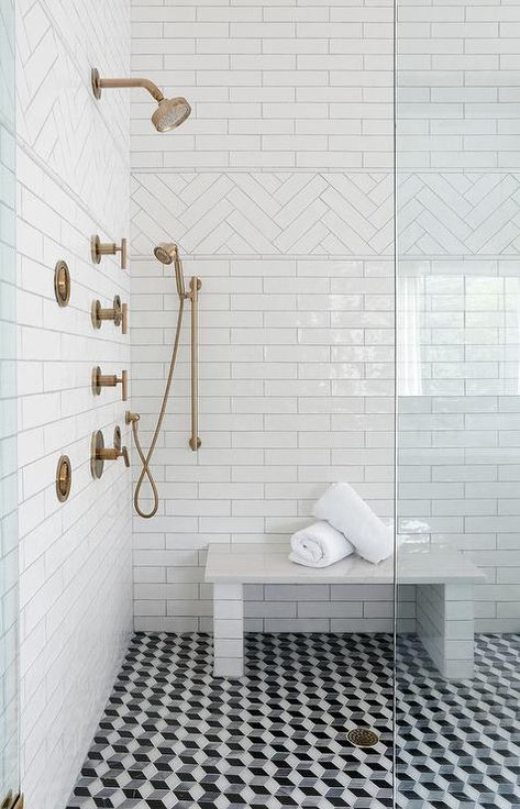 Black and White Geometric Cube Shower Floor Tiless - Transitional - Bathroom White Tiled Bathroom, Black And White Tile, Tiled Bathroom, Doorless Shower, Beautiful Bathroom Designs, Bathroom Design Trends, Bad Inspiration, Bathroom Shower Tile, Custom Shower