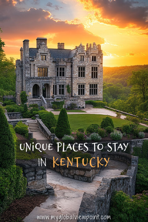 A grand stone mansion surrounded by lush greenery and bathed in the warm light of a sunset, one of the most unique places to stay in Kentucky. Kentucky Vacation, Spa Retreats, Cozy Cabins, Spa Retreat, Unique Places, Unique Hotels, Luxury Spa, Cozy Cabin, Romantic Getaways